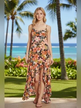 Billabong Kick It Up Maxi Dress Spaghetti Straps Floral Tropical Boho Hawaii L